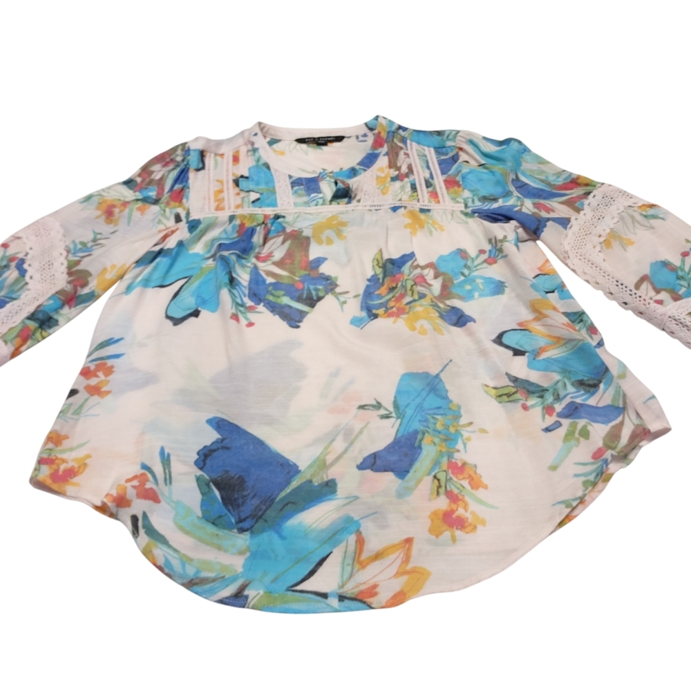 Zac & Rachel Women's Multi Color Floral Print Blouse Lace Trimmed Long Sleeve M - Picture 3 of 10